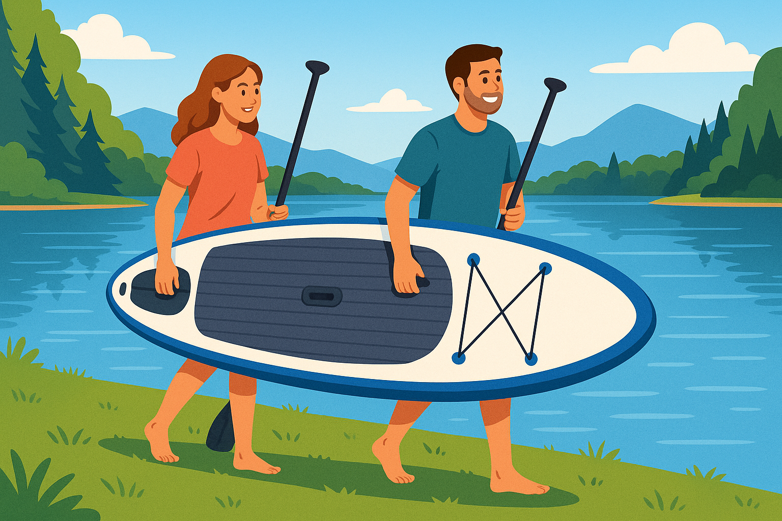 Two adults carrying a paddleboard to the water’s edge on a calm lake.
