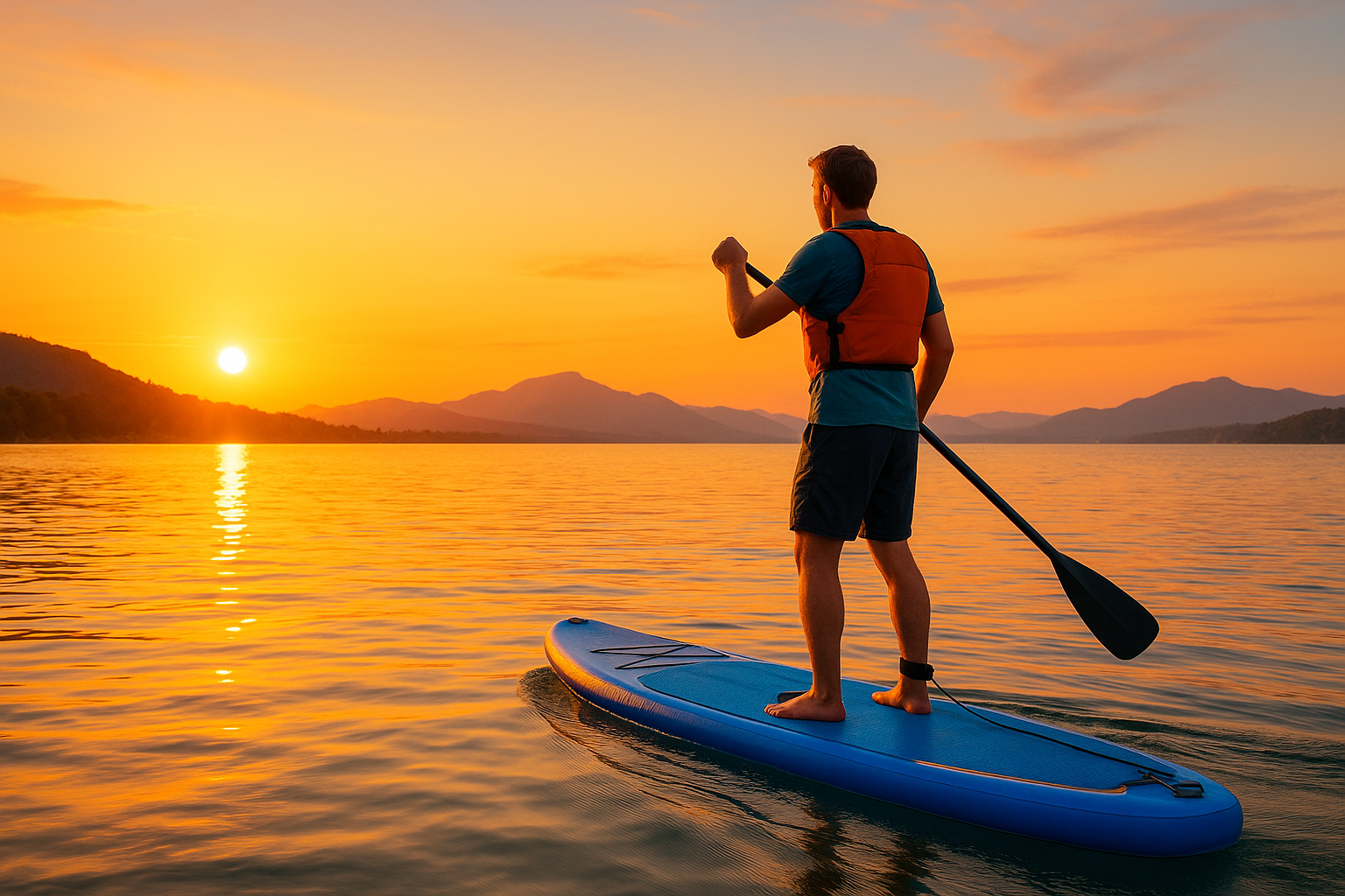 A vibrant, sunset-lit lakeside scene with a beginner stand-up paddleboarder in the foreground. The rider, wearing a bright orange life vest and holding a carbon paddle mid-stroke, stands confidently on a wide blue inflatable SUP.