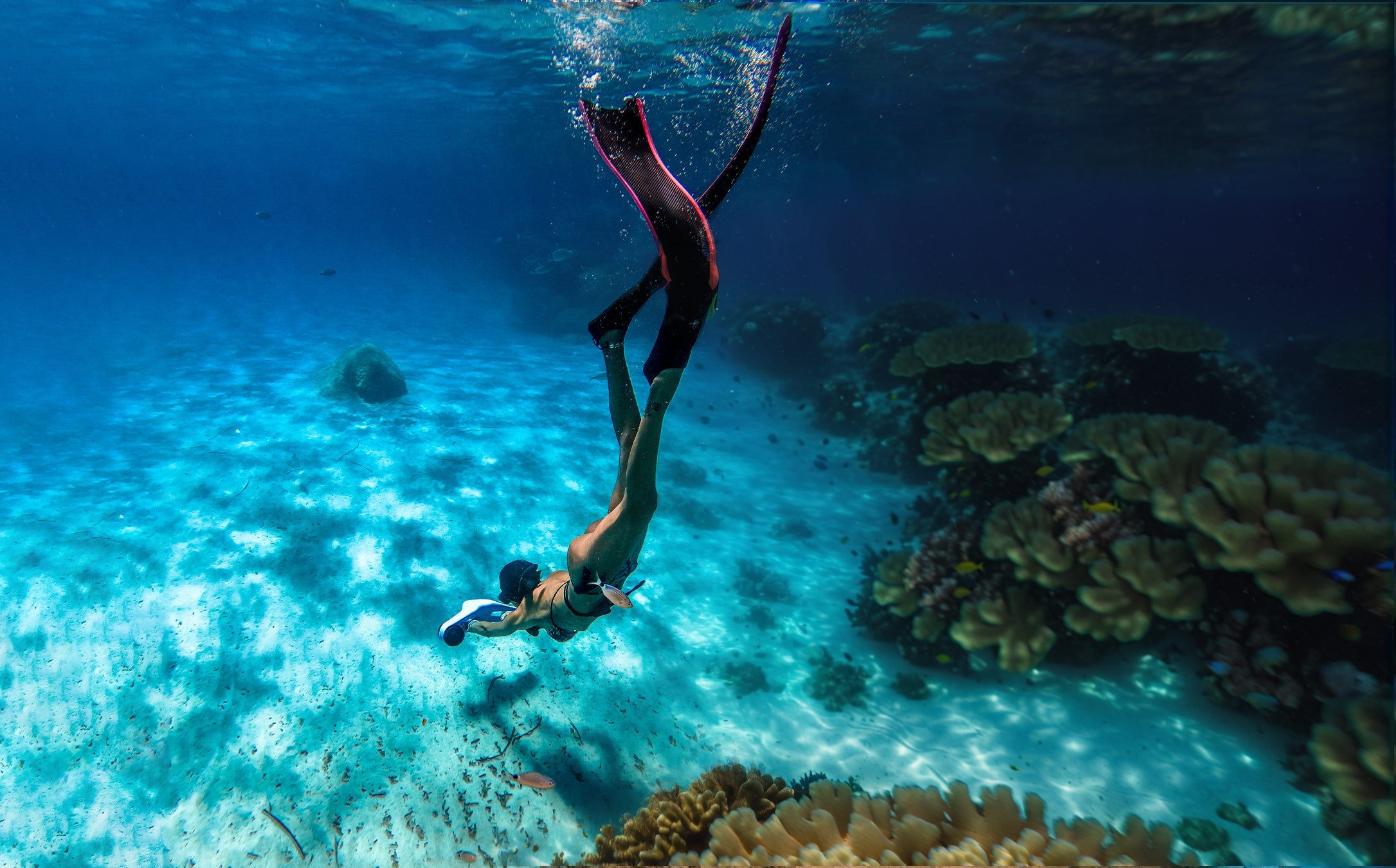 Freediver descending above a coral reef while holding an ASIWO Manta underwater scooter, with clear blue water and sunlight illuminating the seabed.
